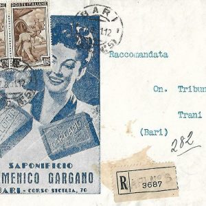 Saponificio Domenico Gargano – Cartolina viaggiata per Trani 1951