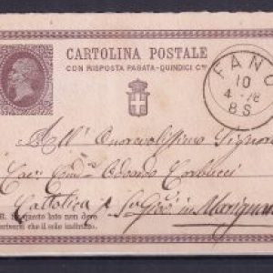 Regno d’Italia 1878 – Cartolina postale con risposta Vittorio Emanuele II quindici centesimi viaggiata