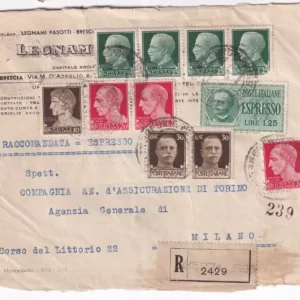 REGNO D’ITALIA 1941 – FRAMMENTONE FRONTE BUSTA RACCOMANDATA VIAGGIATA 11 VALORI