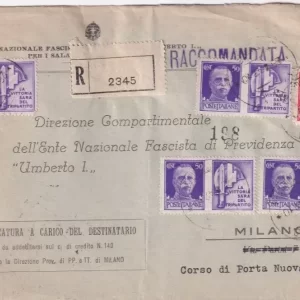 Regno d’Italia 1942 – Frammentone fronte busta raccomandata viaggiata 05 valori