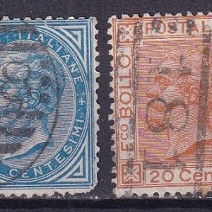 Regno d’Italia 1877 – Effigie Vittorio Emanuele II 02v. 10c. azzurro e 20c. ocra usati