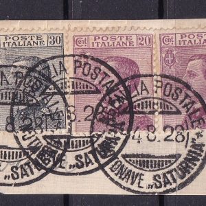 Regno d’Italia 1928 – Effigie Vittorio Emanuele III – 03 valori usati su frammento annulli