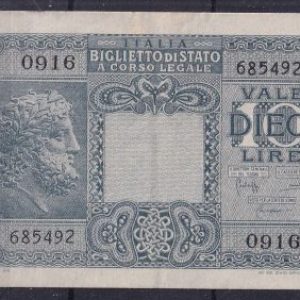 Luogotenenza Biglietto di Stato 10 lire circolato Spl (piega centrale)