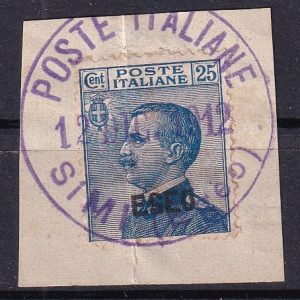 Regno d’Italia 1908 – Effigie Vittorio Emanuele III valore 25c. azzurro usato su frammento