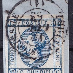 Regno d’Italia 1863 – Effigie Vittorio Emanuele II valore 15c. azzurro I tipo usato su frammento