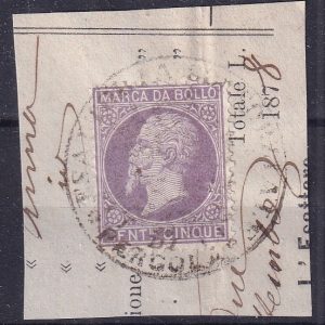 Regno1878 – Marca da bollo 5 cent. usato su frammento