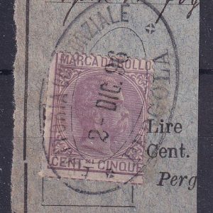 Marca da bollo 1896 – 5 cent. violetto annullo di Pergola su frammento