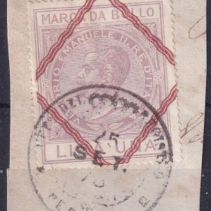 Regno d’Italia – Marca da bollo lire una usato su frammento annullo di Pergola