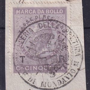 Regno d’Italia – Marca da bollo cent. 50 – Annullo Mondavio usato su frammento
