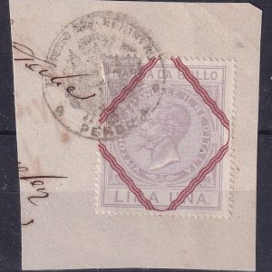 Regno d’Italia – Marca da bollo lire una usato su frammento annullo di Pergola