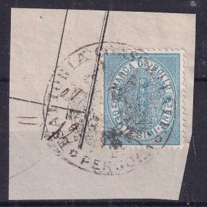 Regno – Marca da bollo cent.mi uno azzurro – Usato su frammento annullo di Pergola