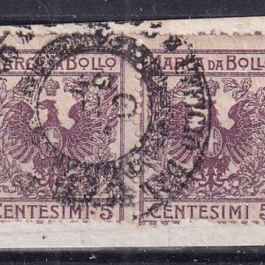 Regno – Marche da bollo coppia cent. 5 usati su frammento