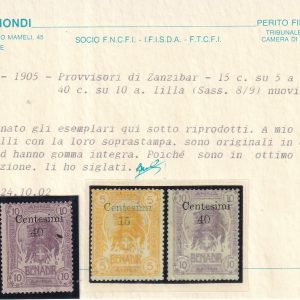 Somalia1905 – Provvisori di Zanzibar 15c. su 5 arancio e 40c. su 10 lilla nuovi FALSI